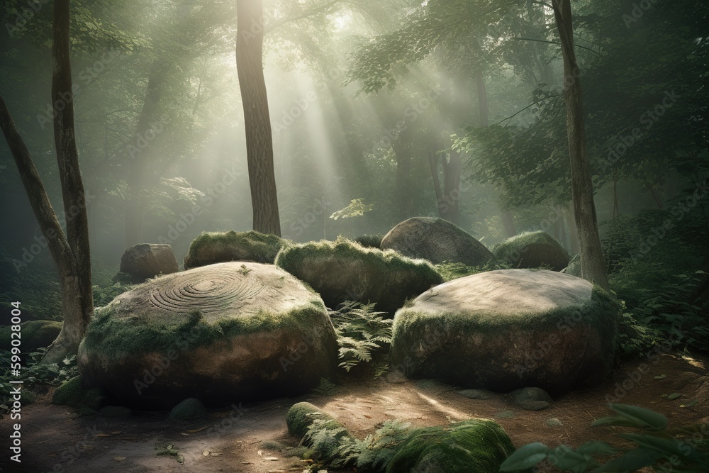 Poster a cluster of rocks located smack dab in the center of the woods generative ai