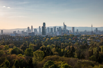 Cityscape with skyline of Frankfurt am Main seen from top of Goethetower which burned down completely after a fire in 2017 - obrazy, fototapety, plakaty