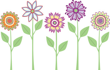Set of 5 colorful stylized vector flowers on a stem