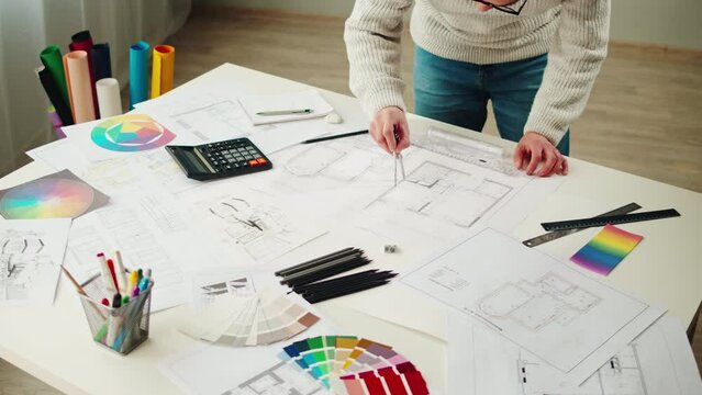 Architect designer workplace top view. Professional engineer choosing color palette, interior creator working with house project, blueprint plan, drafting building. Generative AI