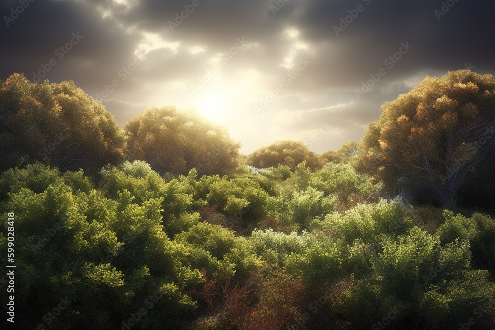 Poster the light breaks through the clouds and illuminates the forest trees. generative ai