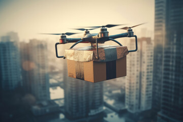 Fototapeta na wymiar Postal drone . The drone carries a cardboard box Illustration of a package. Drone technology