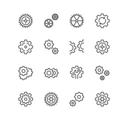 Set of gear related icons, settings, transmission, gearwheel, cogwheel, wrench tool, fix and linear variety vectors.