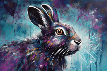 Illustration of a rabbit in watercolor and violet shades of paint