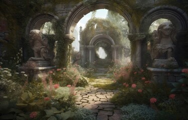the entrance to kingdom garden with beautiful flowers Generative Ai
