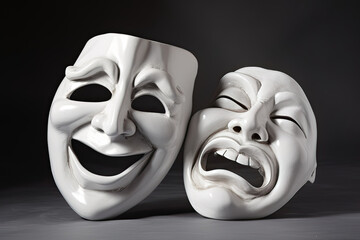 Illustration of comedy and tragedy theatrical masks on black background. Generative AI - obrazy, fototapety, plakaty