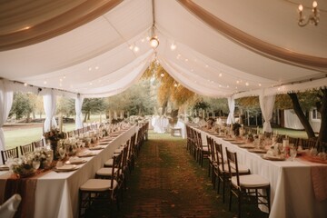 Tables decorated for a party or wedding reception. Generative AI