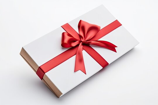 White souvenir box with a red bow on a white background. Generative AI