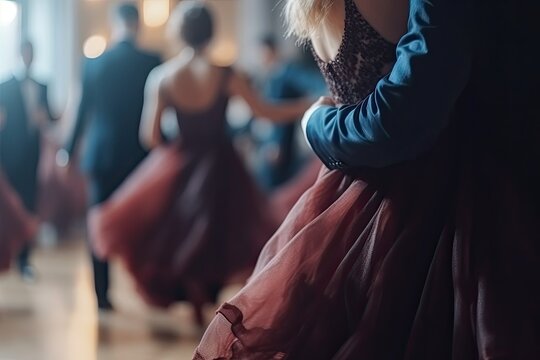Guy with a girl close-up at the graduation ballroom dance. Generative AI