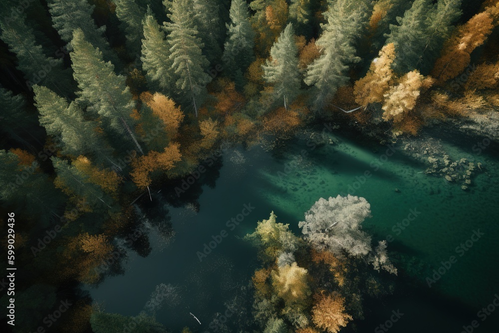 Aufkleber an overhead perspective of a lake in the middle of a forest generative ai