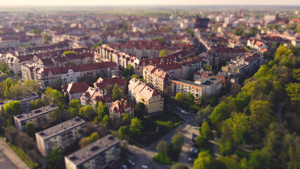 A drone view of the old town in Legnica, Poland