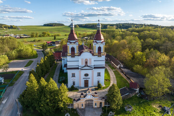 aerial view on baroque or gothic temple or catholic church in countryside