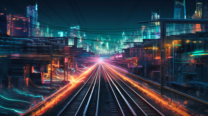 Fototapeta na wymiar Dark Digital Cityscape Along High-Speed Rail Tracks