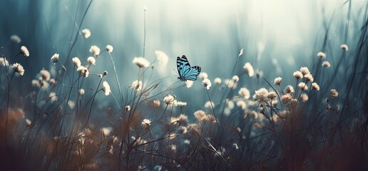 butterfly and wild flowers in the spring meadow Generative Ai