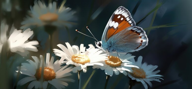 butterfly and wild flowers in the spring meadow Generative Ai