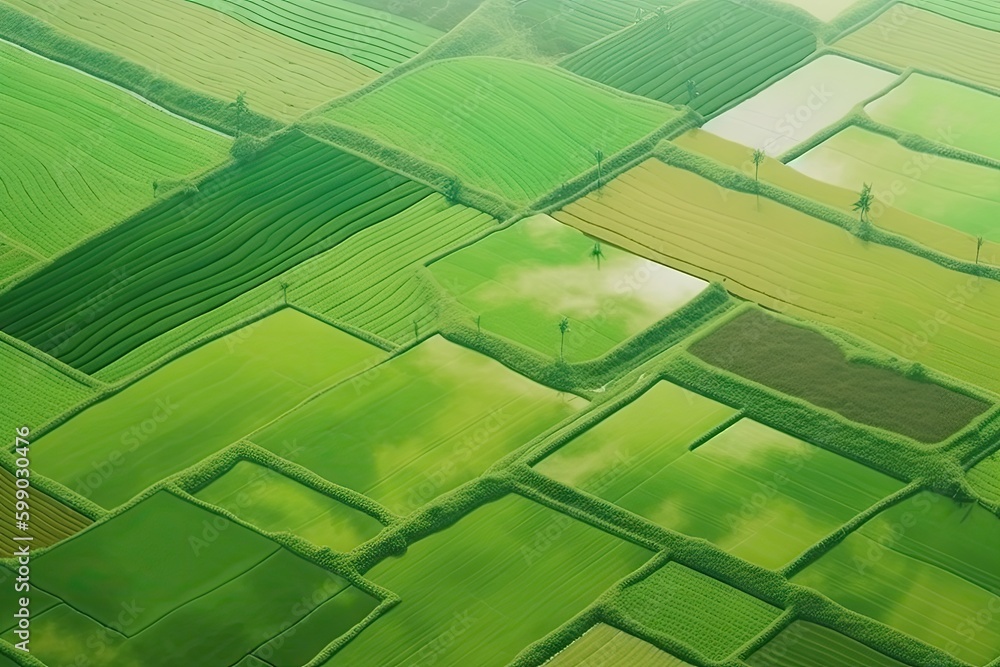 Aufkleber Aerial drone view flight over different agricultural fields sown created with Generative AI technology