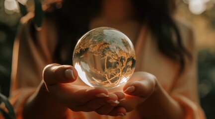 Fototapeta premium person holding an earth globe to represent earth as a living planet with tree and butterfly in the middle Generative Ai