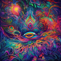Ayahuasca experience, spiritual psychedelic hallucinations surreal illustration. Generative AI.