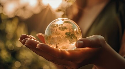 Fototapeta premium person holding an earth globe to represent earth as a living planet with tree and butterfly in the middle Generative Ai