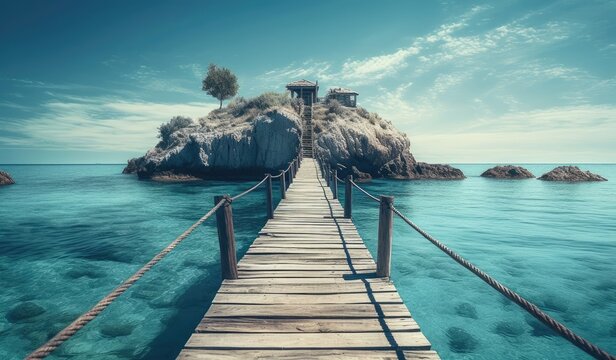 a wooden bridge that leads over a small island to the sea Generative Ai © NHILOVEER
