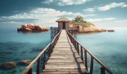 a wooden bridge that leads over a small island to the sea Generative Ai