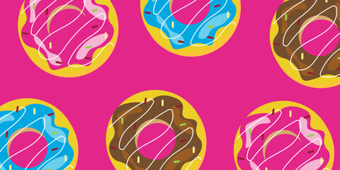 
Sweet donuts on a pink background with bright sprinkles. Inscription sweet shop. Vector illustration