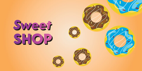 Chocolate donuts on a beige background fall down with the inscription sweet shop. Vector illustration