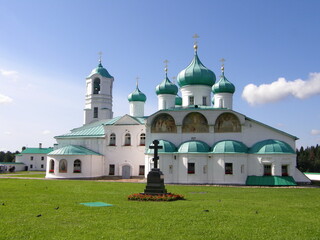 Fototapeta na wymiar A complex of buildings of the monastery, church and bell tower. Alexander Svirsky Monastery, Leningrad Region, Russia.