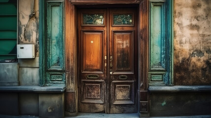 Fototapeta na wymiar Old vintage door. Antique wooden door background with lock and handle on architecture. Generative Ai