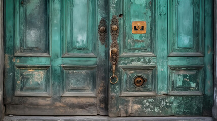 Old vintage door. Antique wooden door background with lock and handle on architecture. Generative Ai - obrazy, fototapety, plakaty