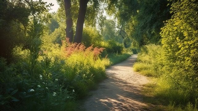 Path trail in public park among thickets of plants on a summer sunny day. Generative Ai