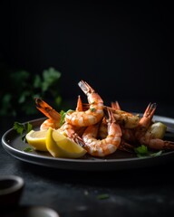 Cajun-style shrimp served with some lemon wedges on a plate