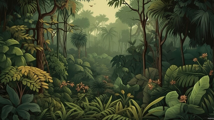 Fototapeta premium Jungle forest and thickets of tropical plants and trees. Generative Ai