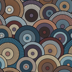 Geometric seamless pattern with overlapping segmented circles in vintage style. Great as a background or texture. Vector illustration for textile, wrapping, continuous print, and web.