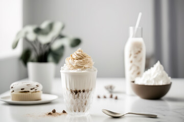 Fototapeta na wymiar Refreshing iced cappuccino on a white table.