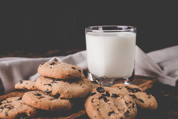 fresh healthy milk and cookies on dark wood background