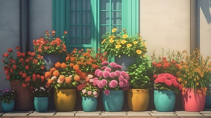 Fototapeta na wymiar Design and decoration with flower plants in pots. Generative Ai