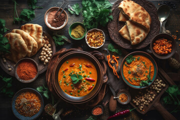 Assorted various Indian food on a dark rustic background. Generative AI.