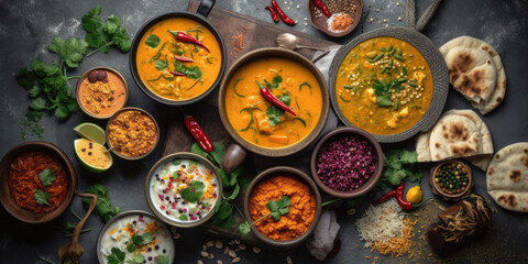 Obraz na płótnie Canvas Assorted various Indian food on a dark rustic background. Generative AI.