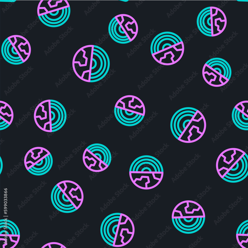 Poster line earth core structure crust icon isolated seamless pattern on black background. vector