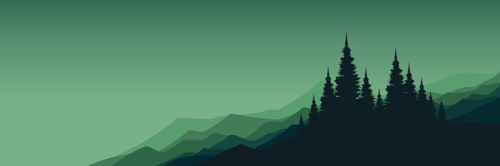 sunrise sky rocky mountain with forest silhouette flat design vector illustration good for web banner, ads banner, tourism banner, wallpaper, background template, and adventure design backdrop