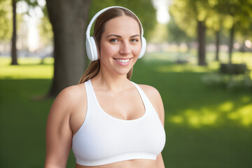 Fototapeta premium Beautiful and cheerful plus size caucasian young woman outdoors - Pretty overweight curvy female in headphones listening music and exercising in the park. Generative Ai 