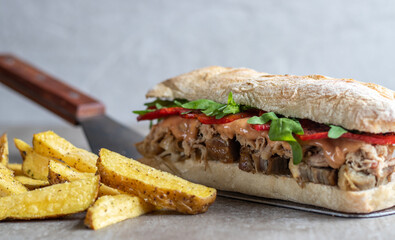 Delicious pulled pork sandwich in a ciabatta bread with a side of fries.