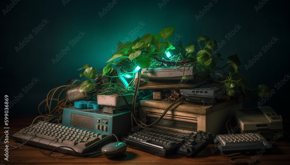 Poster obsolete computer on old desk, illuminated background generated by ai