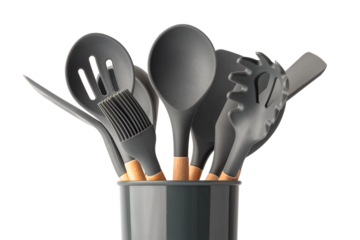 Gray kitchen utensils in a cup on a transparent background. Kitchen tool concept. isolated object