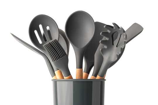 Gray kitchen utensils in a cup on a transparent background. Kitchen tool concept. isolated object