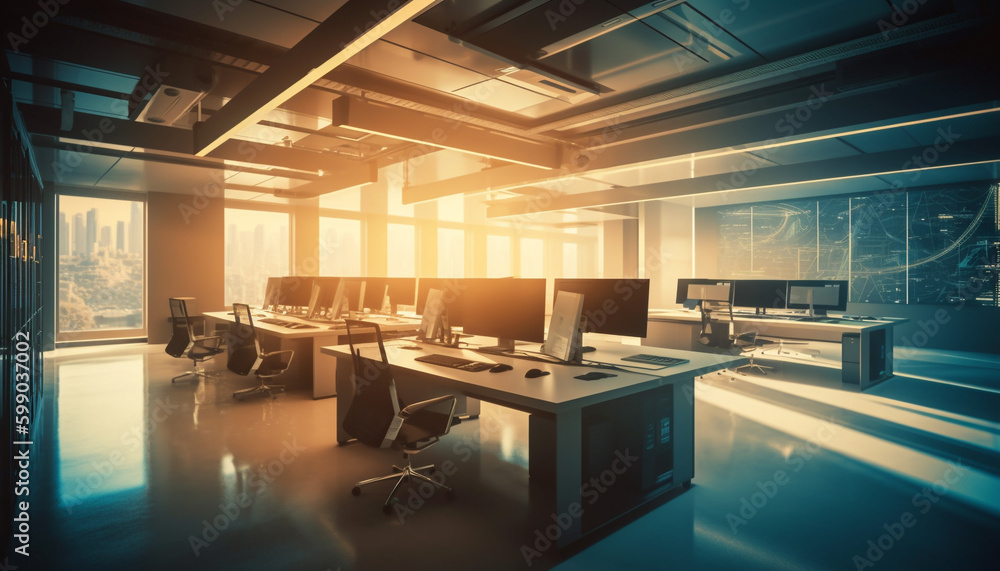 Poster modern office design with empty computer desk generated by ai