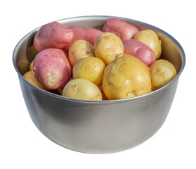 Fresh potatoes in an aluminum bowl on a transparent background. isolated object. Element for design