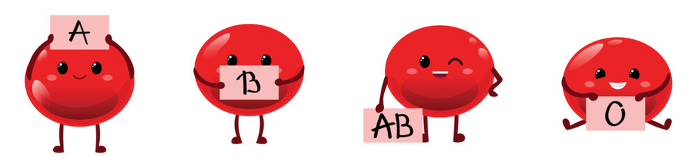 Cute drops of blood of different groups on white background