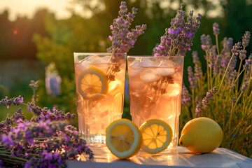 Fototapeta Two glasses of lemonade and lavender flowers in the garden, golden hour, sunset, generative ai obraz
